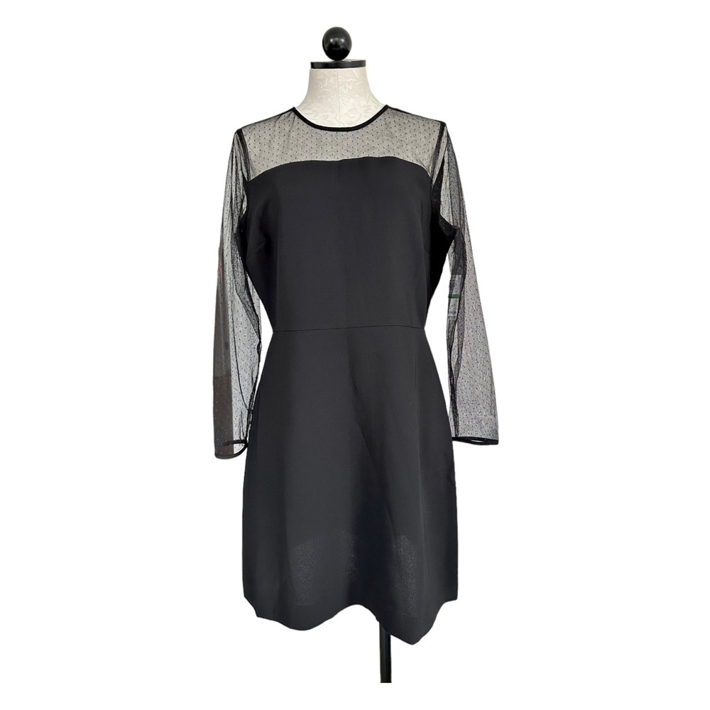Maison Jules Illusion Shift Dress Long Sleeve Swiss Dot Black  Size Large